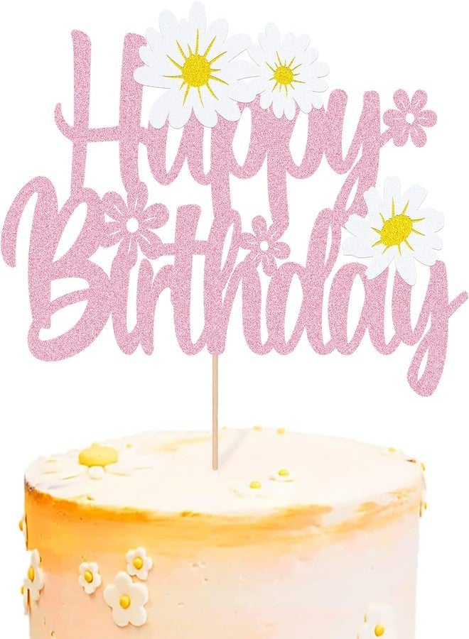 كونفيتي زينة كعكة عيد ميلاد مزينة بزهرة الأقحوان الوردية المتلألئة - زهور أقحوان بيضاء لامعة - لوازم حفلات عيد ميلاد صيفية - زينة حفلات أعياد ميلاد الأطفال - Image 1